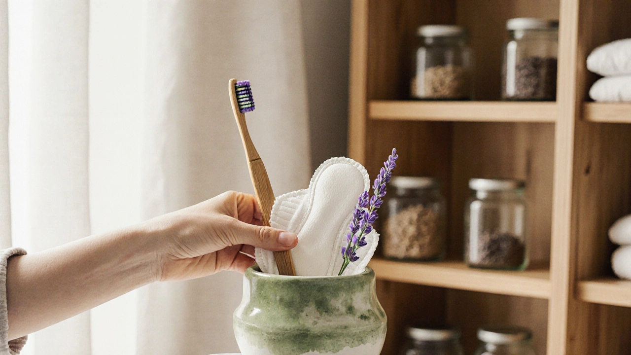 Ručně vyrobená keramická krabička s organickými tamponky a bambusovým kartáčem v koupelně.