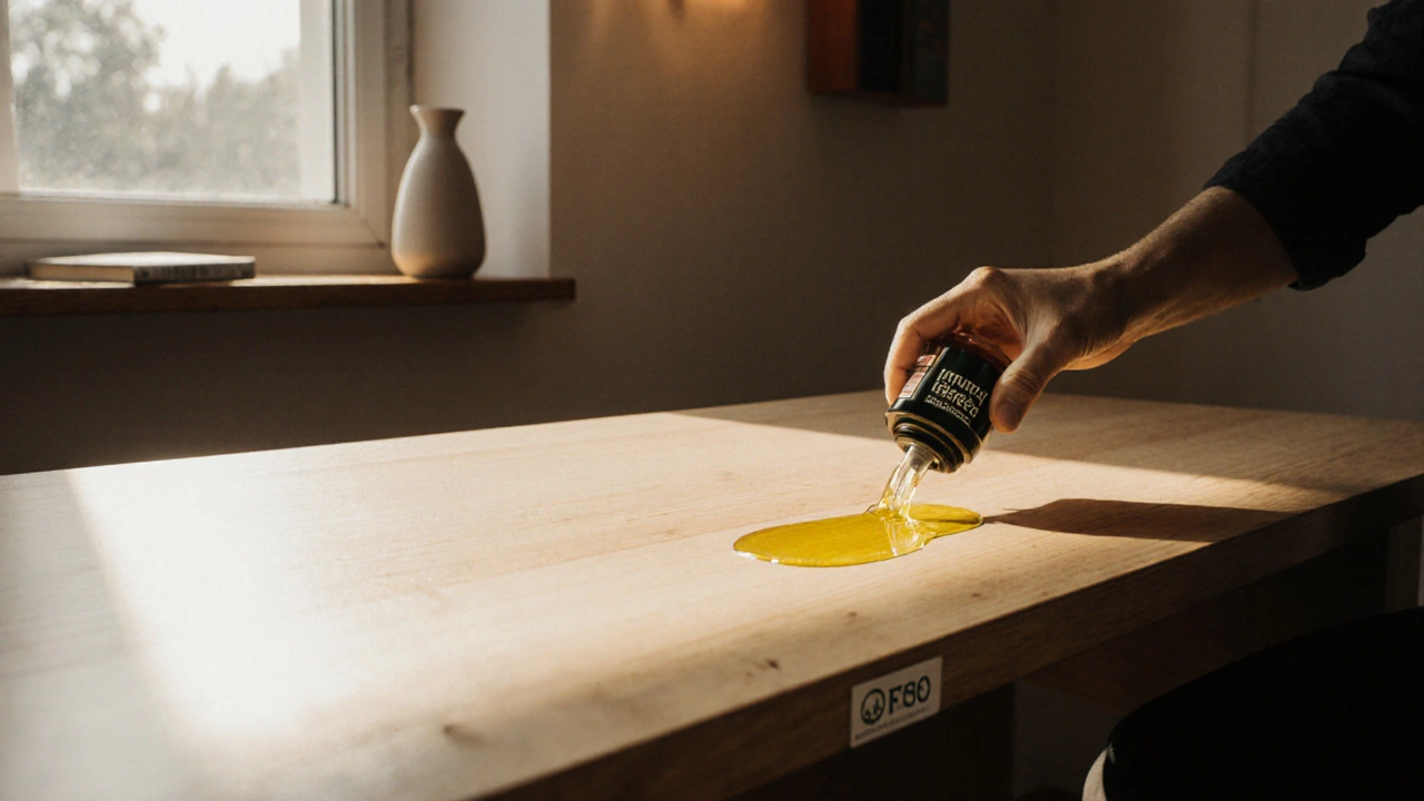 Ruka aplikující přírodní olej na světlé dřevo stolu v klidném domácím prostředí s jemným denním světlem.