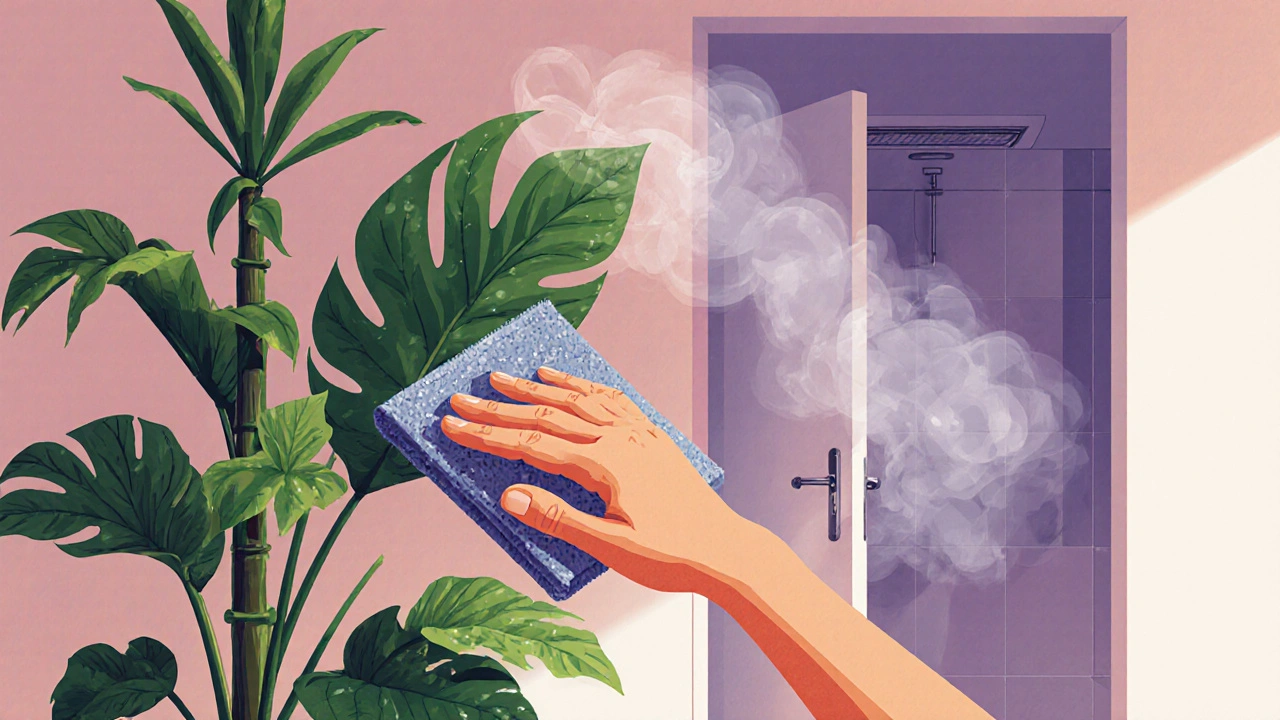 Ruka utírá kapky vody z listu Fittonie, zatímco bambus roste u otevřených dveří.