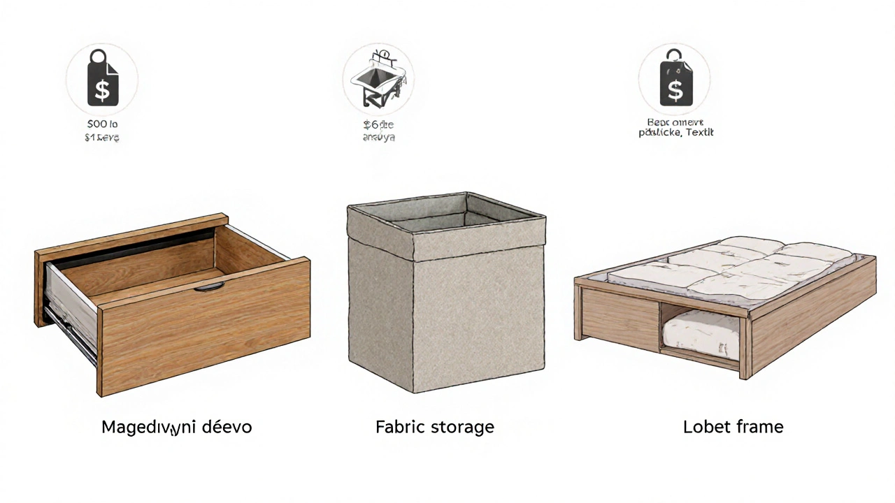 Srovnání tří typů úložných systémů pod postelí: dřevěné šuplíky, textilní boxy a integrované řešení.