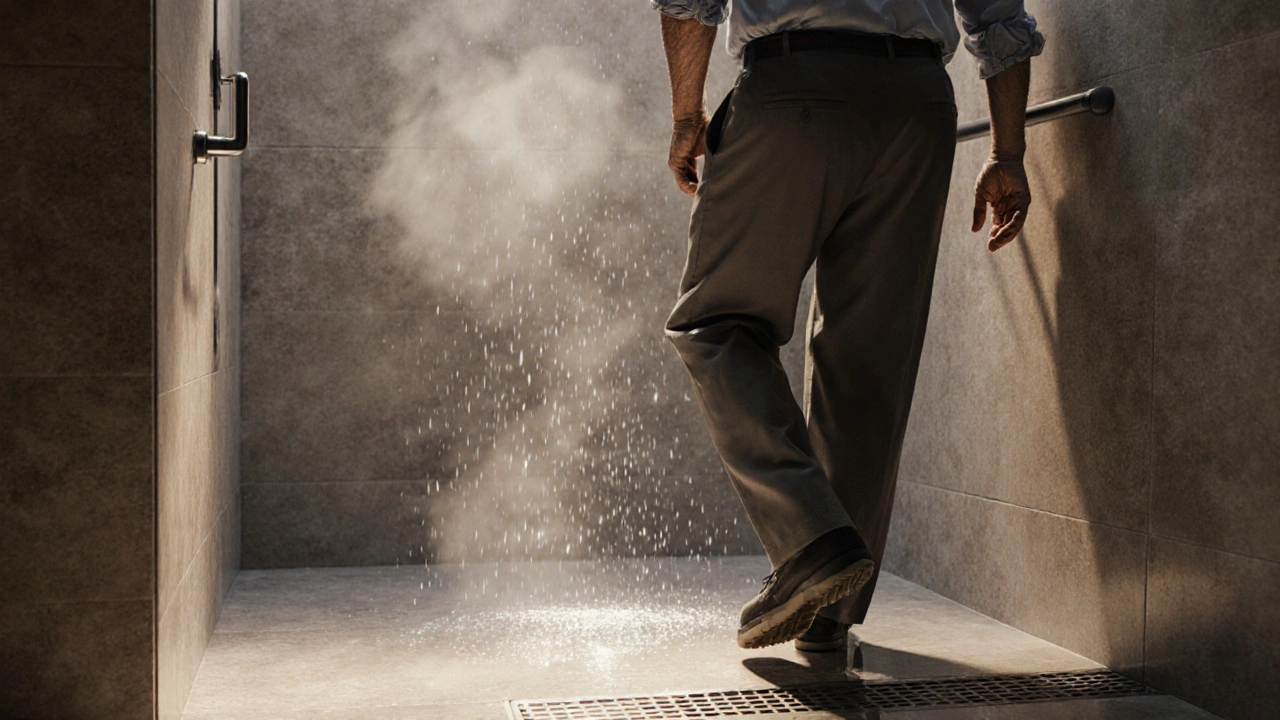 Starší muž bezpečně vstupuje do bezzárubňové sprchy, voda odtéká do lineárního odtoku, bez překážek.