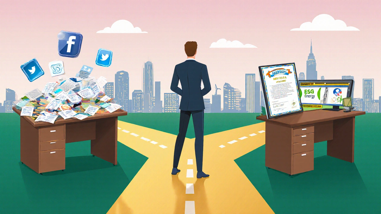 Symbolický obraz makléře na rozcestí mezi nekvalifikovanou praxí a profesionální certifikací.