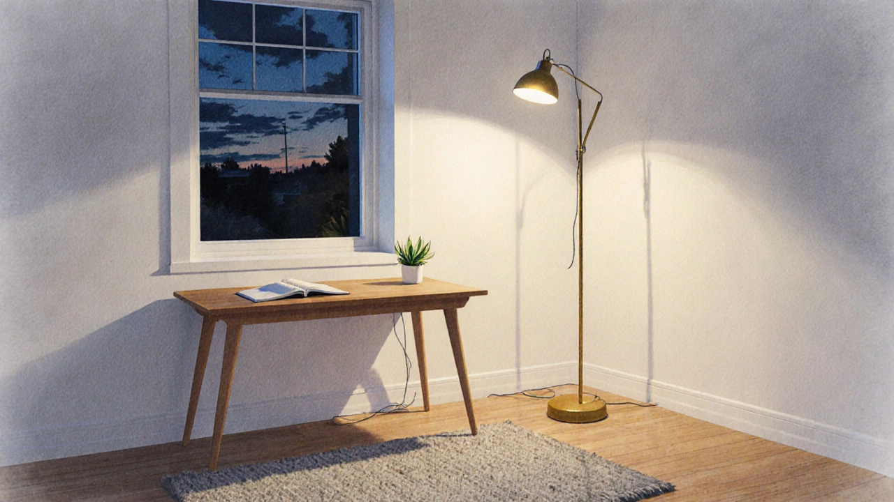 Teplá skandinávská kancelář ve večerní tmy s dřevěnou stojací lampou, kobercem a jednou rostlinou na stole.