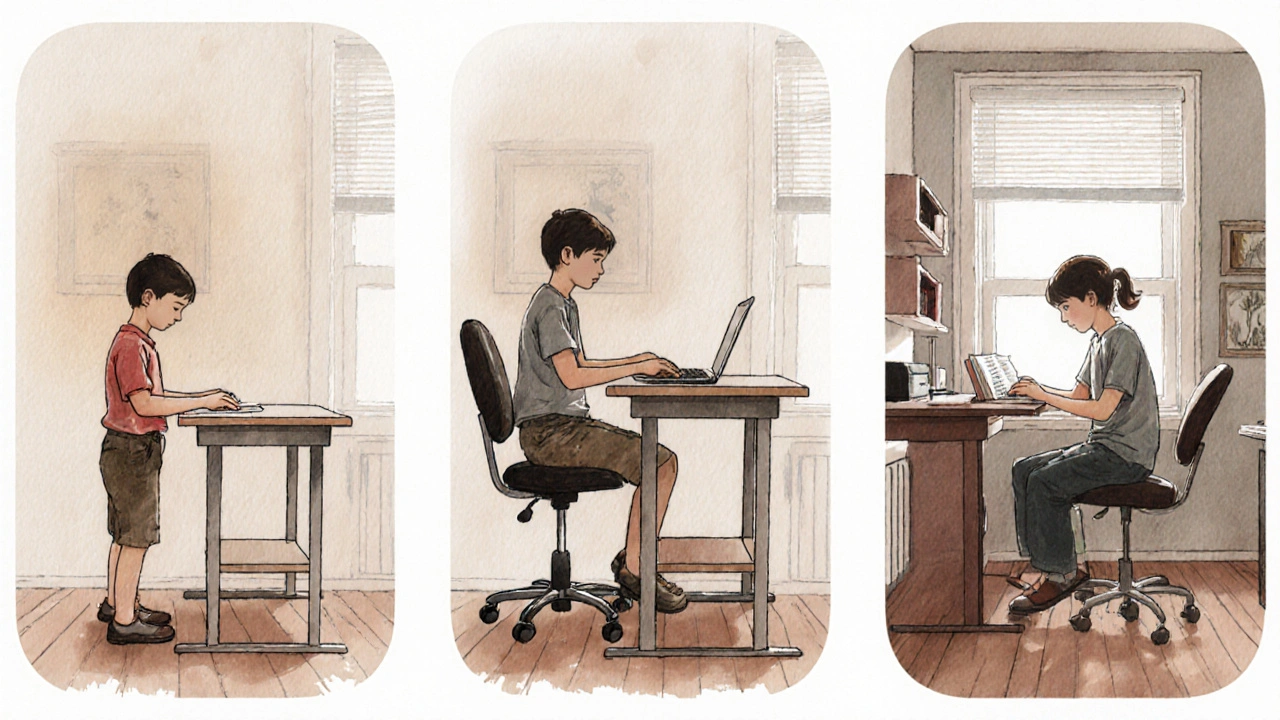 Tři fáze růstu dítěte s přizpůsobeným psacím stolem během deseti let školní docházky.