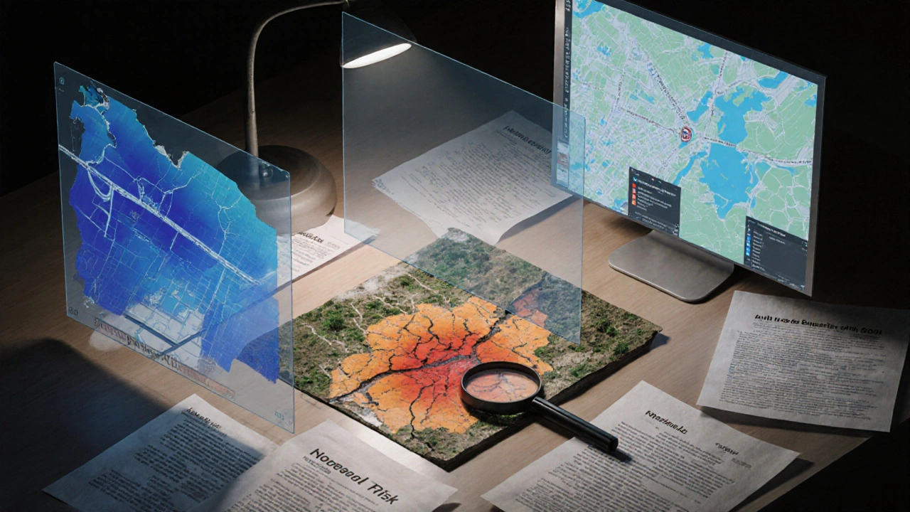 Tři překrývající se mapy povodňového nebezpečí, ohrožení a rizika visí nad pozemkem, doprovázeny dokumenty o odmítnutí pojistné plnění.