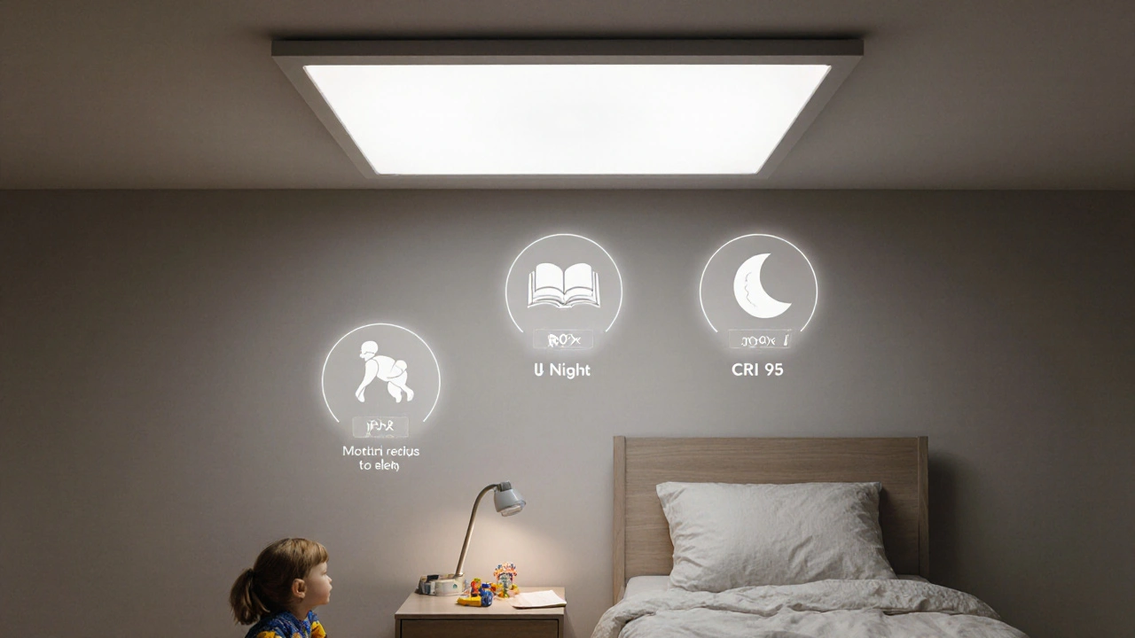 Tři typy osvětlení v dětském pokoji: stropní, stolní a noční — všechny bezpečné, bez skla a kabelů na zemi.