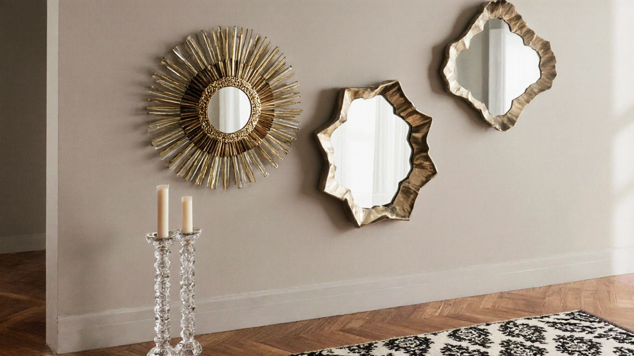 Tři zrcadla různých tvarů na stěně s křišťálovou svíčkou a sametovým koberecem.