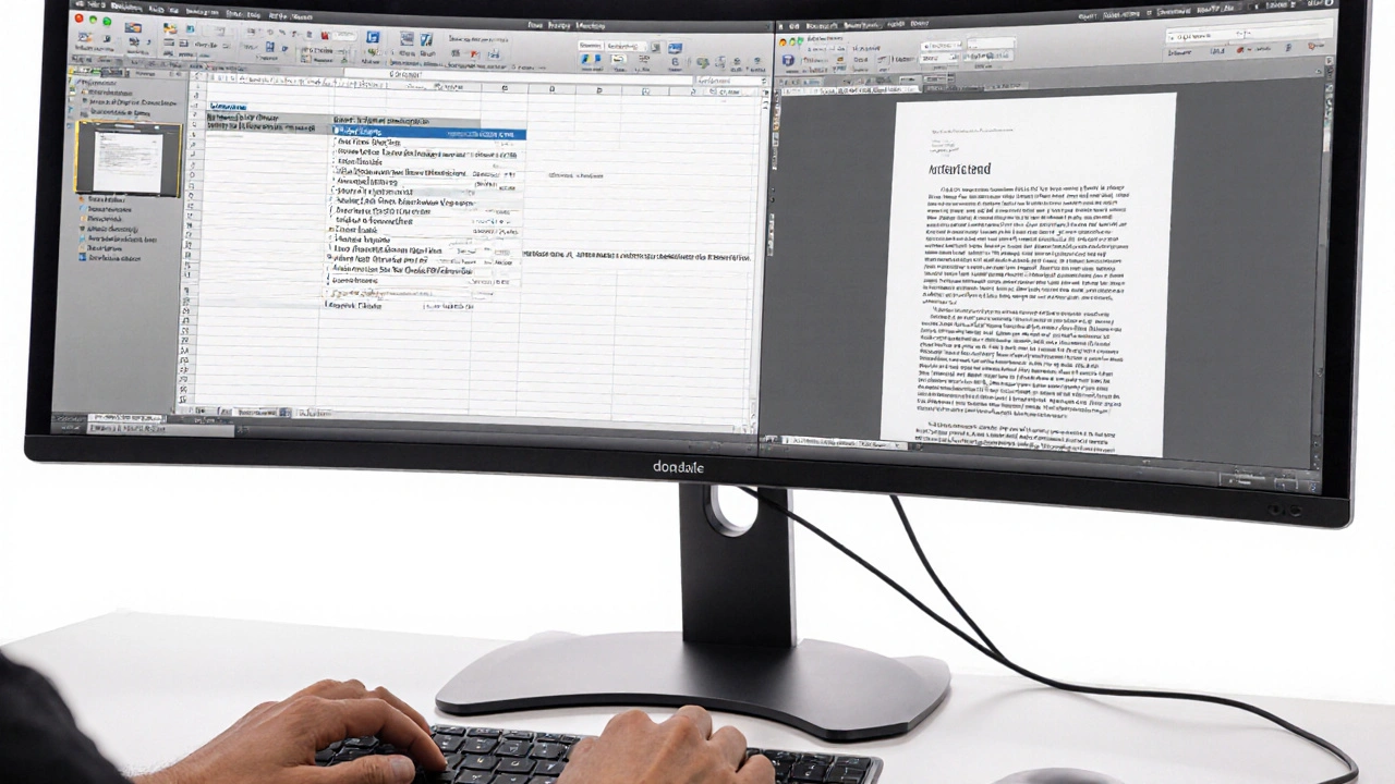 Ultrawide monitor s křivkou zobrazuje dva dokumenty najednou, osoba pracuje s klávesnicí při vyváženém osvětlení.