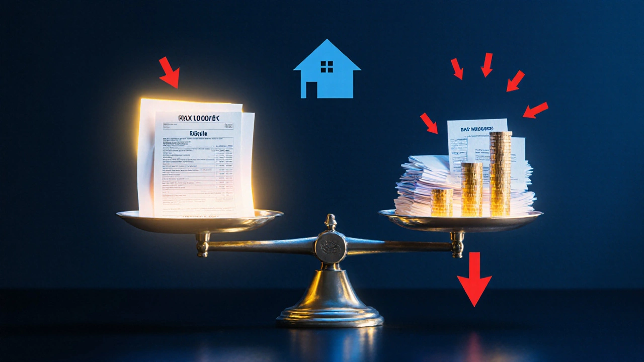 Váha s daňovým přiznáním a doklady o výdajích, symbolizující úspory při prodeji nemovitosti.