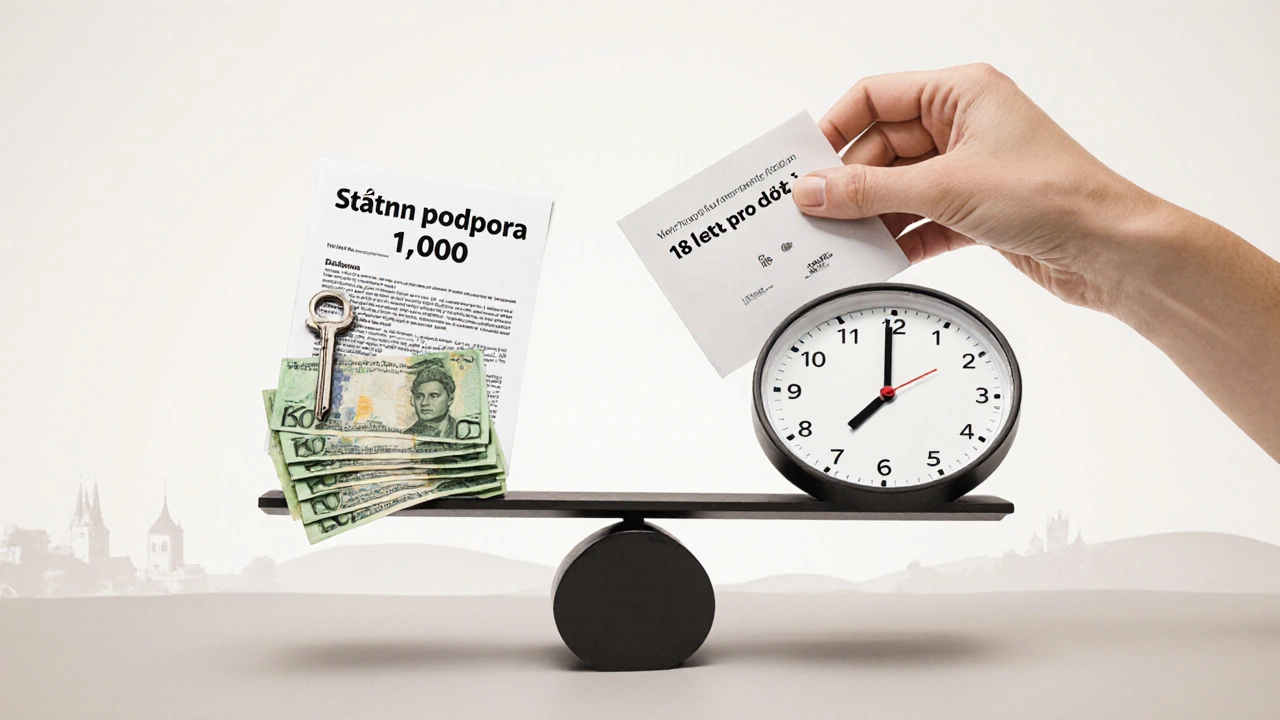 Váha s státní podporou a hypotékou, s knihou spoření pro dítě na jedné straně.