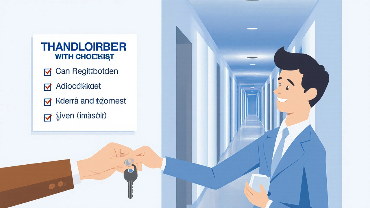 Vlastník předává klíče nájemci ve chodbě bytového domu s technickými požadavky na stěně.