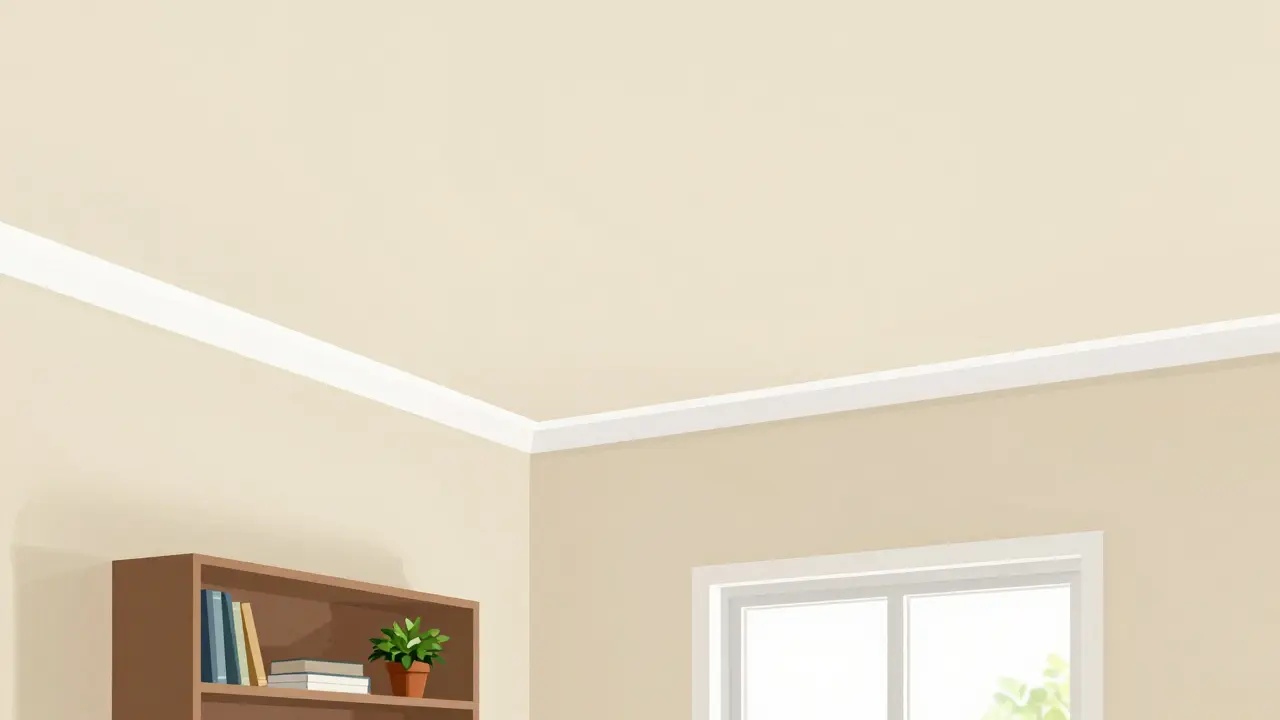 Bílý pruh pod stropem opticky zvyšuje výšku malé místnosti s krémovým stropem a přirozeným světlem.