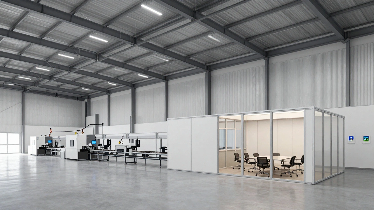 Cross-section of a modular industrial hall with smart sensors and production line.