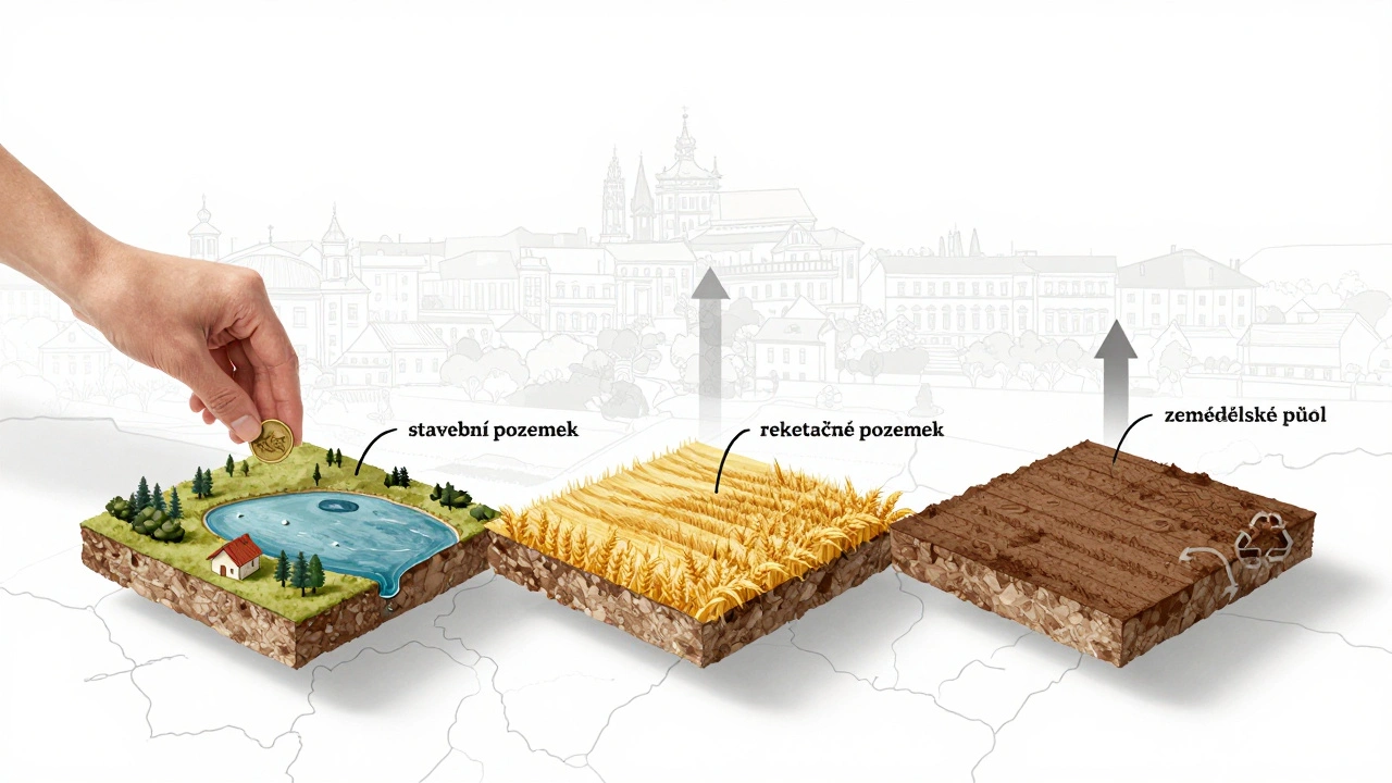 Čtyři typy pozemků v ČR jako vizuální panely nad mapou, s ukázkou přeměny a růstu hodnoty.