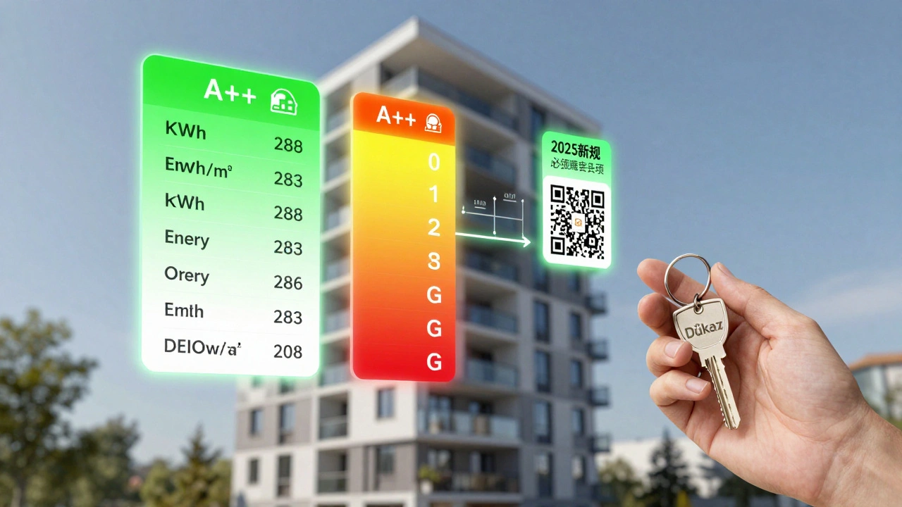 Energetický průkaz budovy s třídami A+++ až G a pulsujícím QR kódem nad bytem.