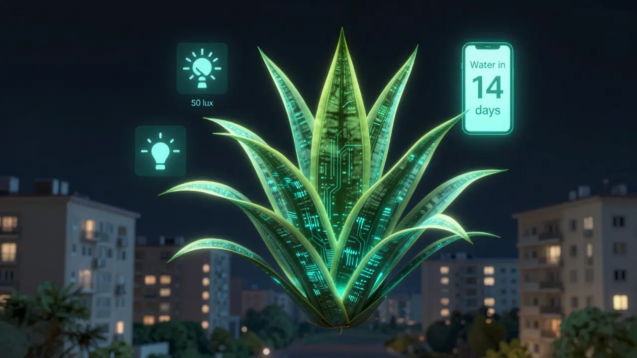 Futuristická sansevieria s digitálními vzory nad českým městem, symbolizující chytrou péči o rostliny v bytě.