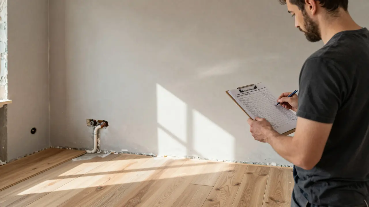 Klient kontroluje práce při výměně podlahy s přesným seznamem materiálů.