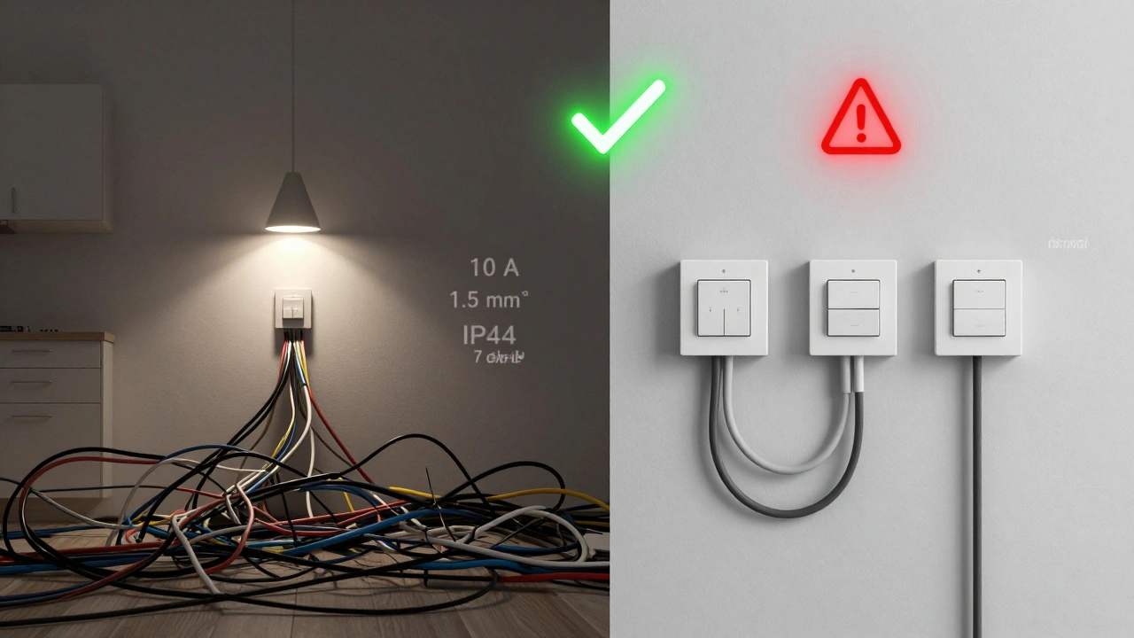 Kontrast mezi špatně naplánovaným osvětlením (vlevo) a správně rozdělenými obvody (vpravo) s označenými technickými požadavky.