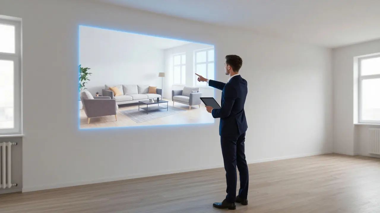 Makléř ukazuje na tabletu digitální staging prázdného bytu s virtuálním nábytkem.