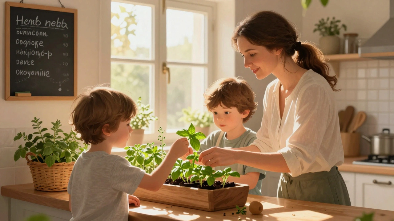 Matka s dětmi sbírají listy bazalky z bylinkového záhonu na okně v kuchyni, teplé světlo a dřevěný nábytek.