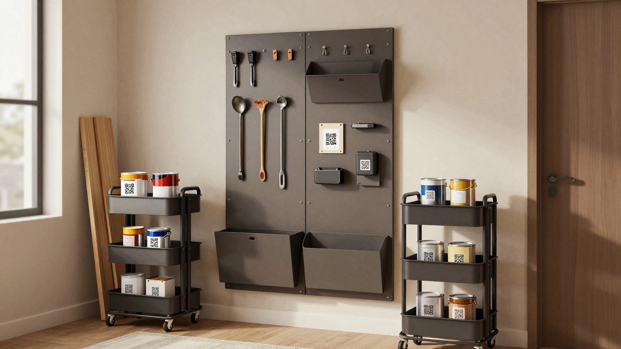 Modulární nástěnný systém s magnetickým uchycením nástrojů a mobilním vozíkem v malém bytě.