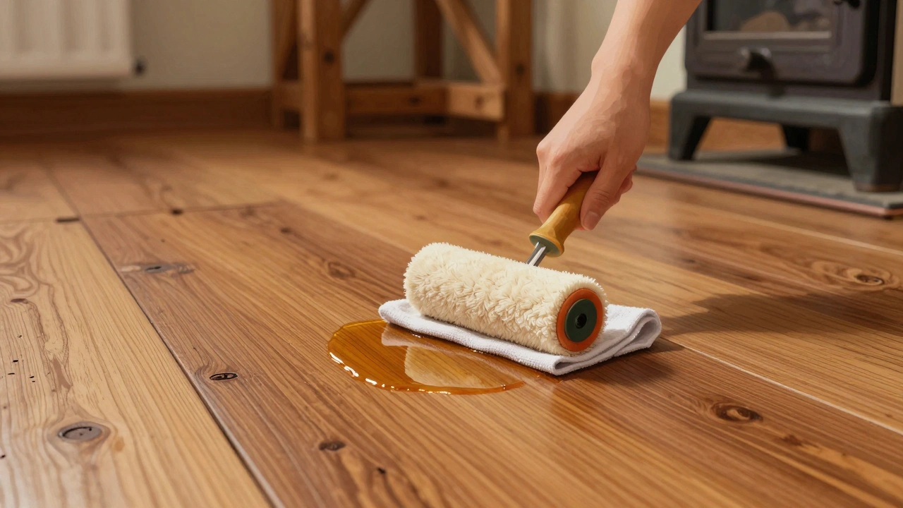 Olejování dřevěné podlahy válečkem, olej proniká do dřeva, mikrovláknový hadřík odstraňuje přebytek.