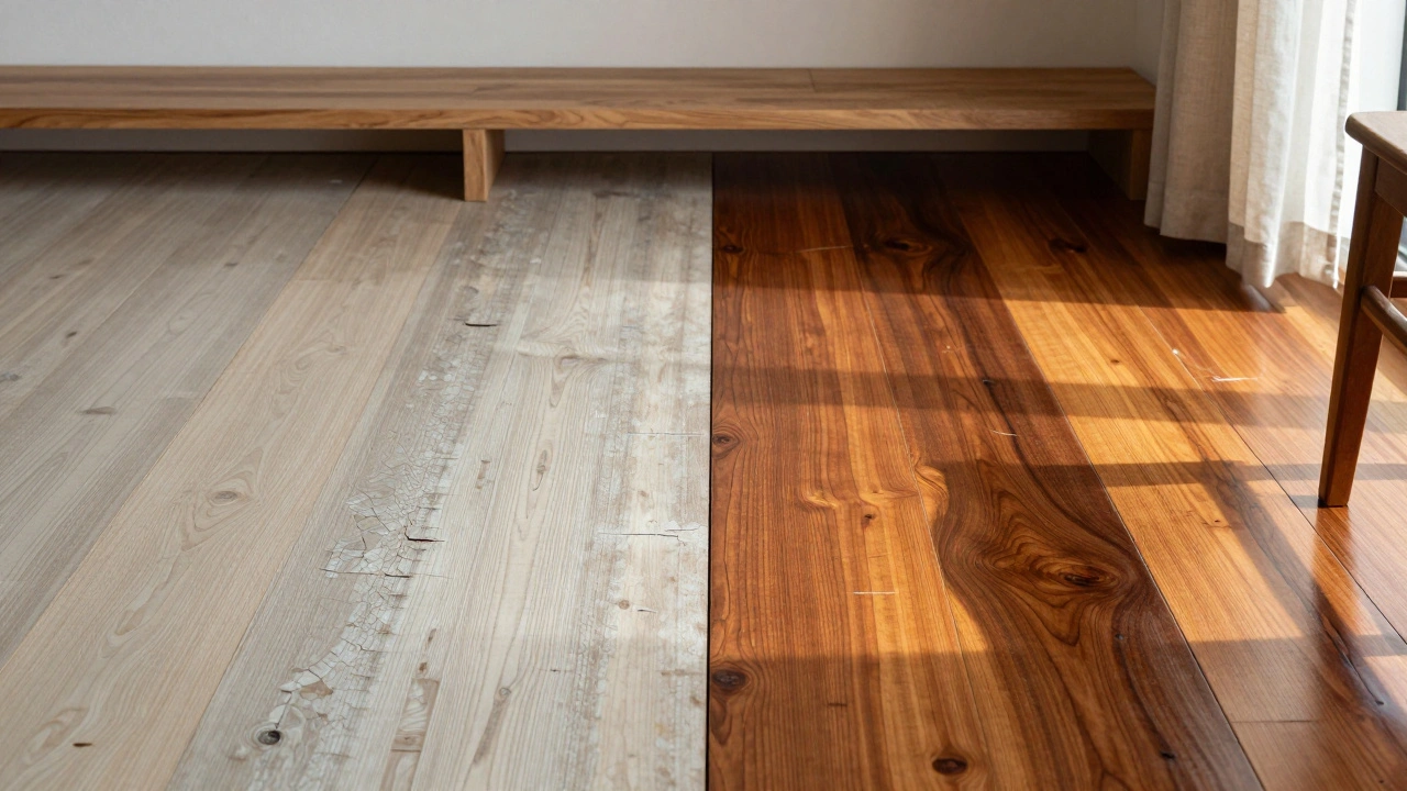 Porovnání staré lakované a obnovené olejované podlahy: vlevo poškozený lak, vpravo přirozeně zářící dřevo.