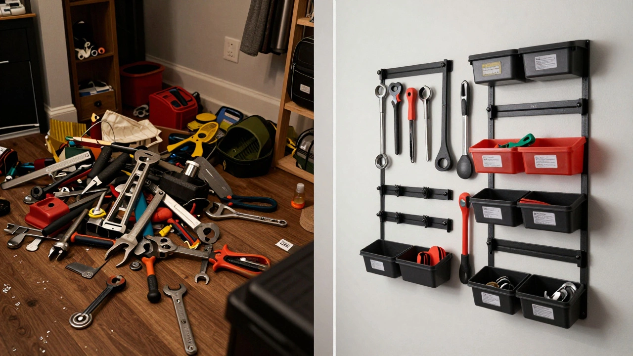 Před a po: chaos nářadí na podlaze versus řádně uspořádané nástěnné úložiště.