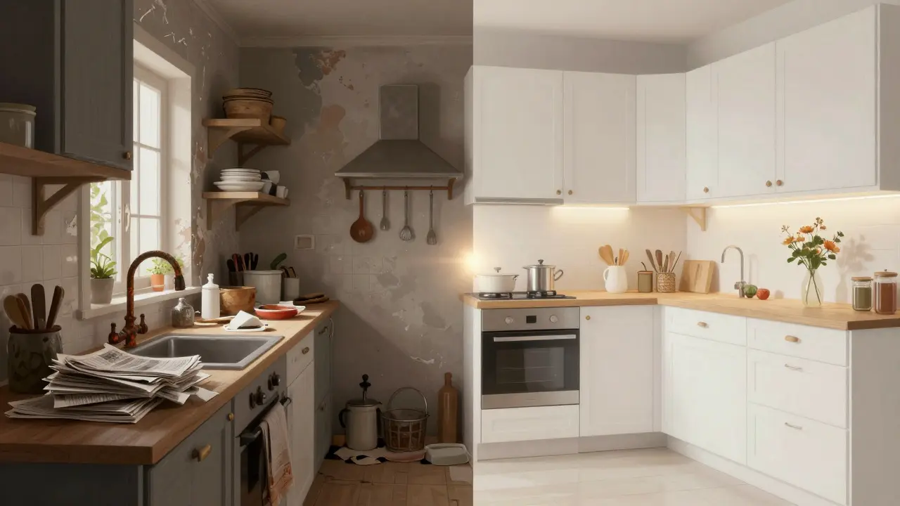 Před a po: zanedbaná kuchyně naproti moderní, úklidné kuchyni s aktualizovanými detaily.