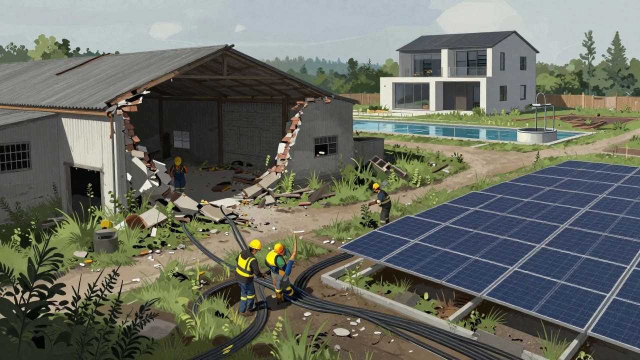 Přeměna opuštěného průmyslového areálu na ekologickou výstavbu s solárními panely a čistou vodou.