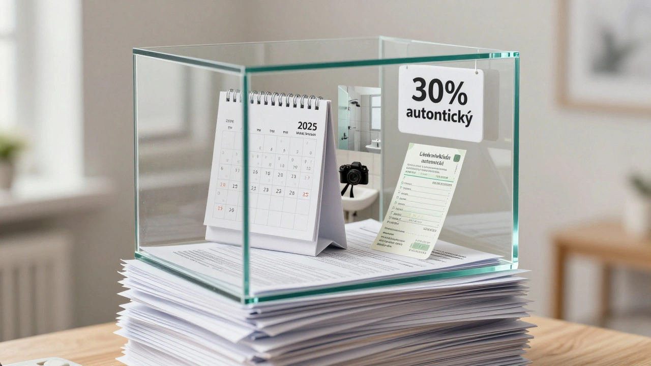 Průhledný pokoj nad právními a daňovými dokumenty, symbolizující zjednodušený daňový režim pronájmu pokoje v Česku 2025.