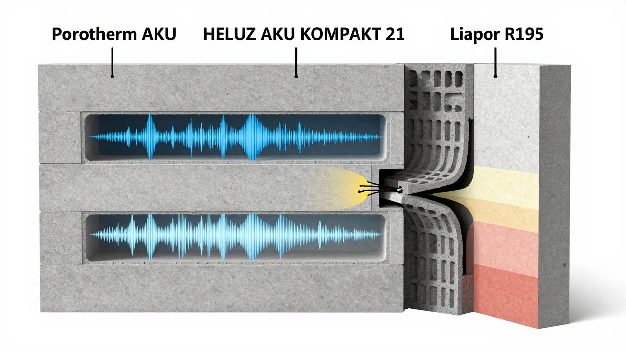 Řez cihlovou stěnou s akustickými materiály, kde zvukové vlny vnitřně pohlcují, zatímco špatné spojení vydává rušivé kmity.