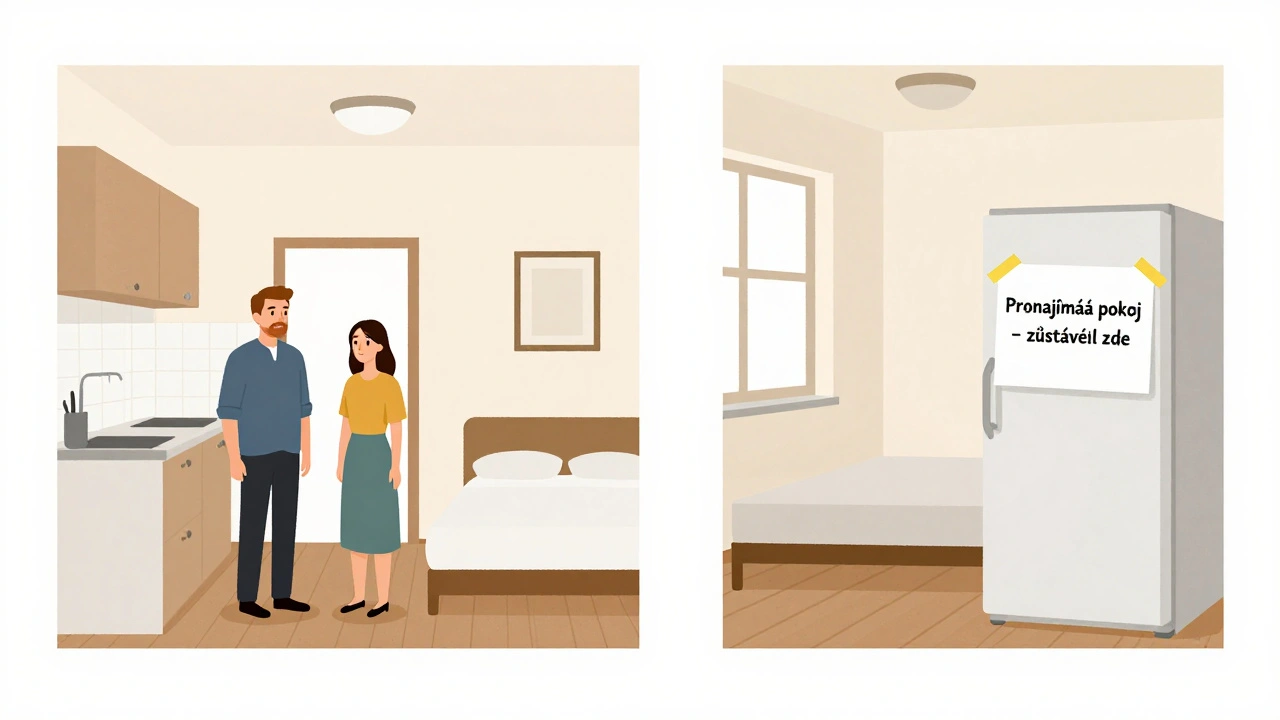 Rozdělený pohled na byt: majitel s nájemcem ve společném prostoru a nájemce v pronajatém pokoji s upozorněním pro majitele.