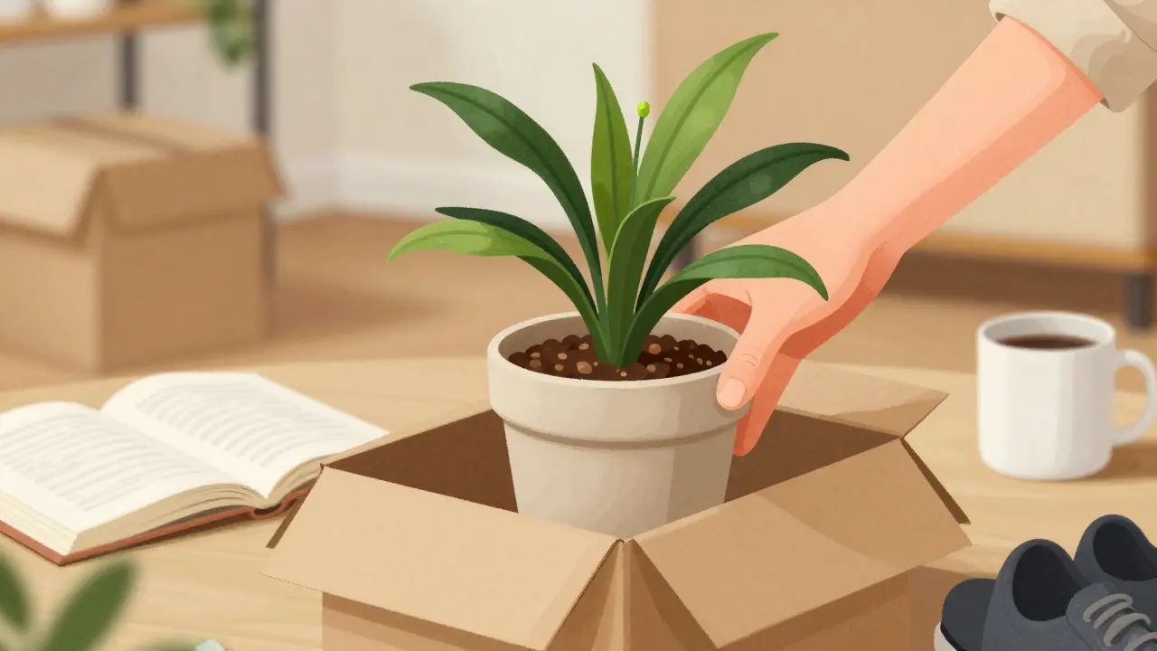 Ruka ukládá lehký papírový květináč s chlorophytum do přepravky při stěhování, ostatní věci v pozadí.