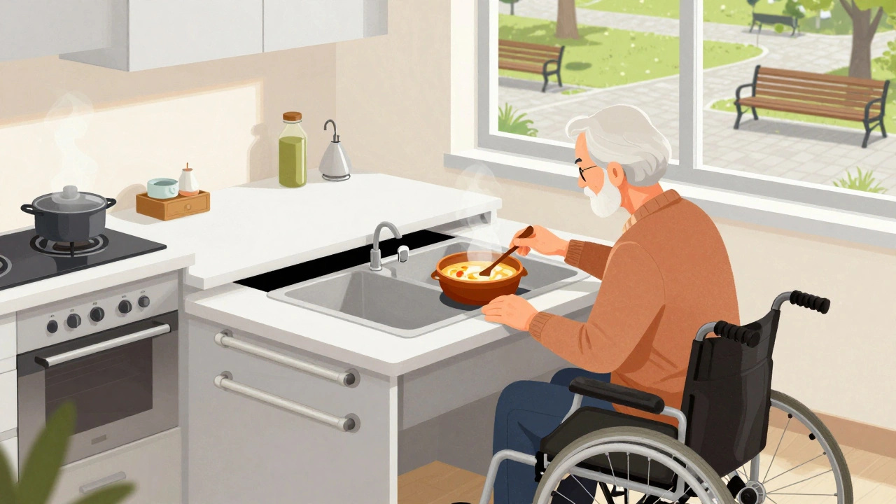 Senior vaří na snížené kuchyňské desce v moderní kuchyni s podpěrami a volným prostorem pro vozík.