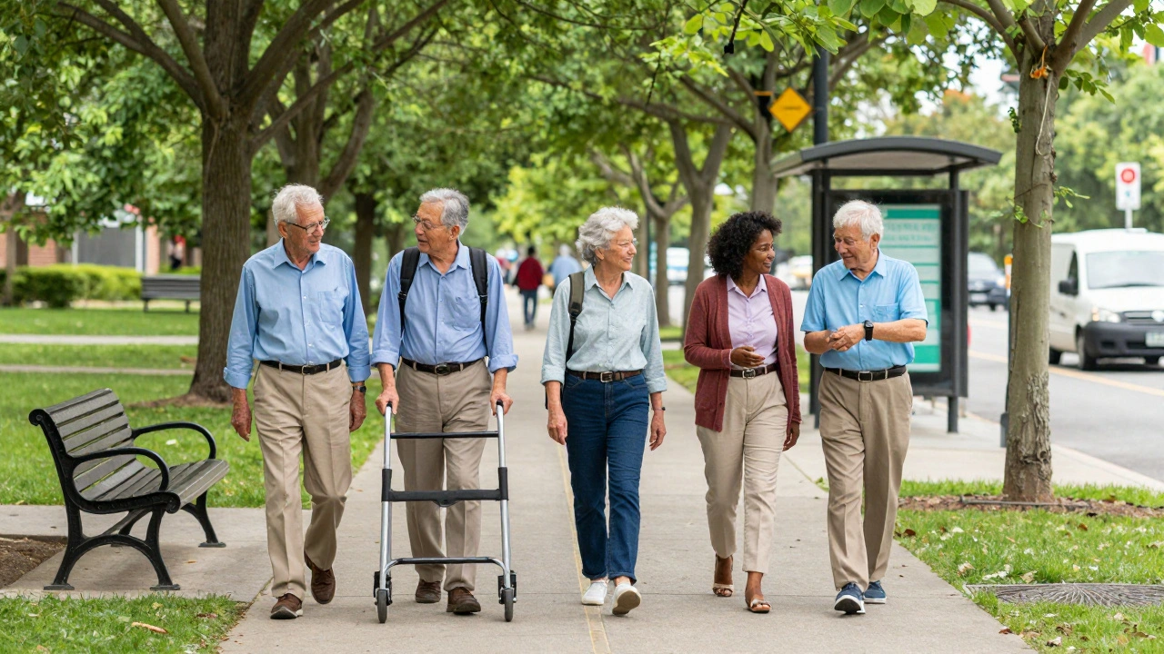 Skupina seniorů prochází přívětivým parkem s rovinnými chodníky, lavičkami a blízkou lékárnou.