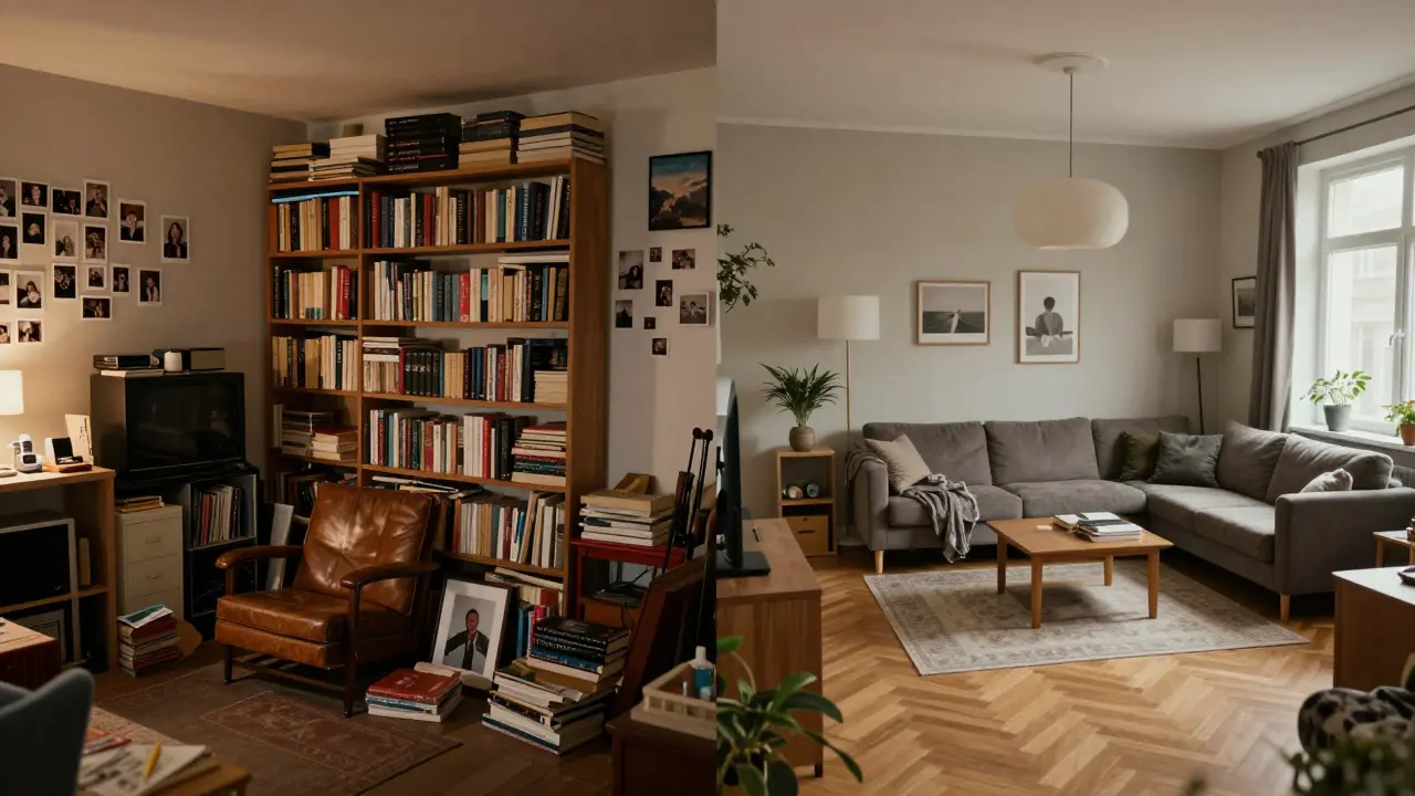 Srovnání před a po home stagingu: rušný a neosobní byt vlevo, čistý a přívětivý vpravo.