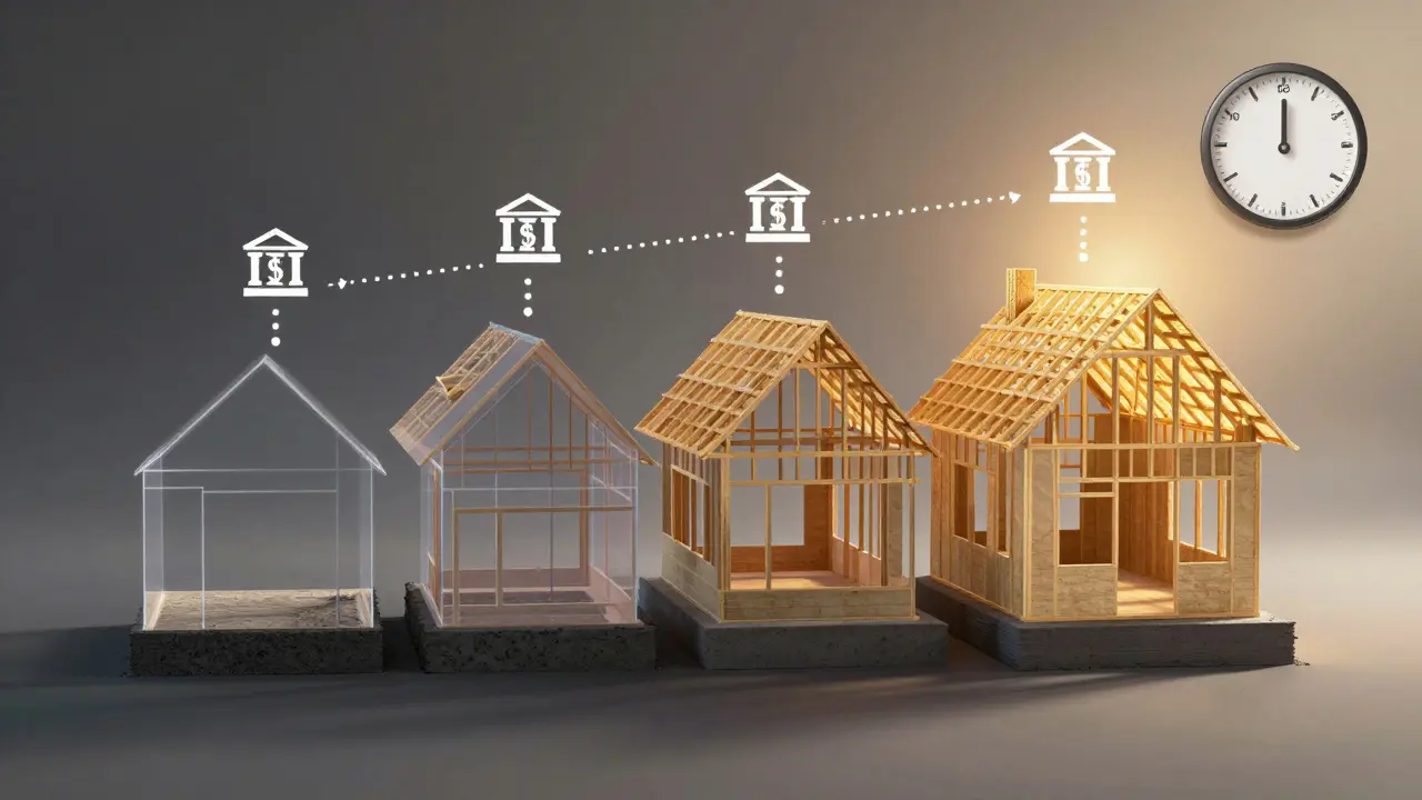 Stavba domu ve fázích s časovým limitem 6 měsíců a bankovními výplatami v každé etapě.