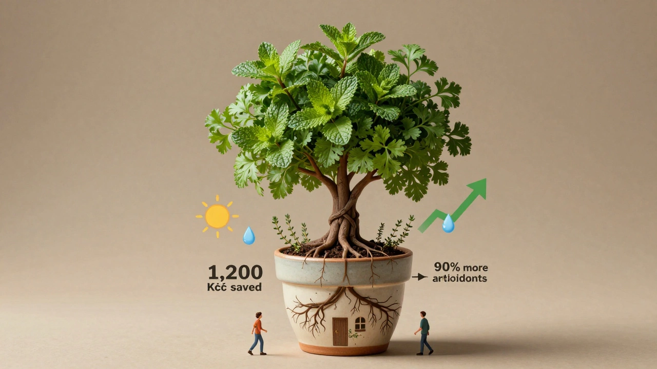 Strom složený z bylinek, kořeny tvoří dům, symbolizující udržitelný život a úspory v české domácnosti.