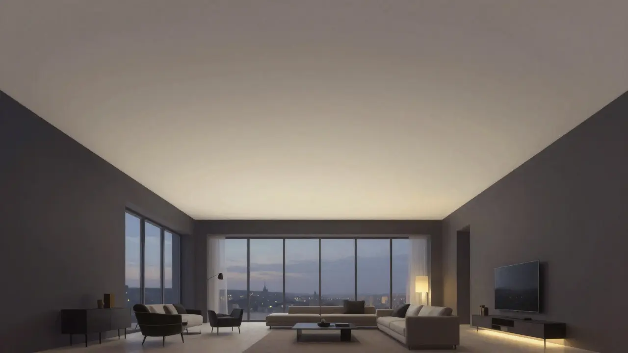 Strop s gradientem od tmavé šedi k bílému vytváří dojem vzdušného vzestupu v moderním interiéru.