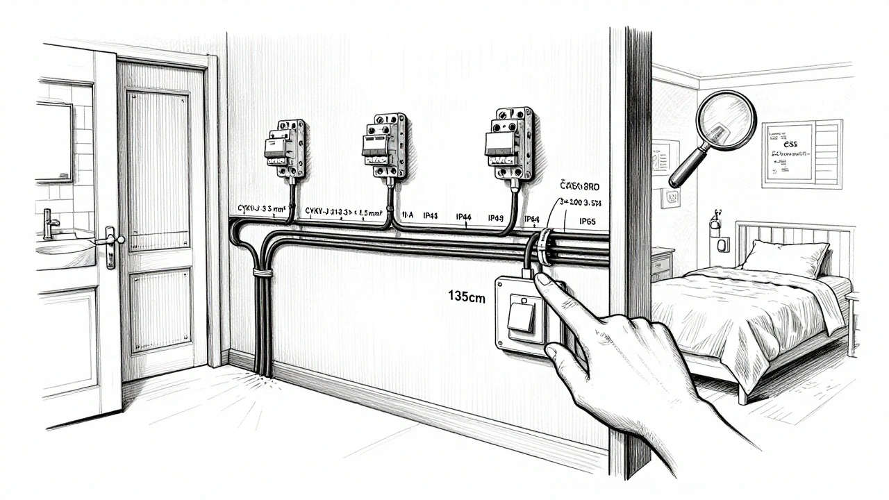 Technický náčrt stěny s kabelem CYKY-J 3×1,5 mm² a vypínačem na výšce 135 cm vedle koupelny, podle normy ČSN 33 2000-5-523.