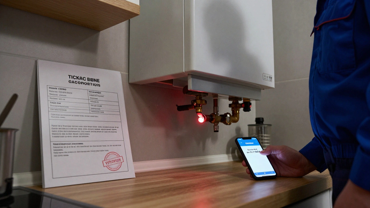 Technik kontroly plynového zařízení s platnou revizí na stole a viditelnou netěsností v pozadí.
