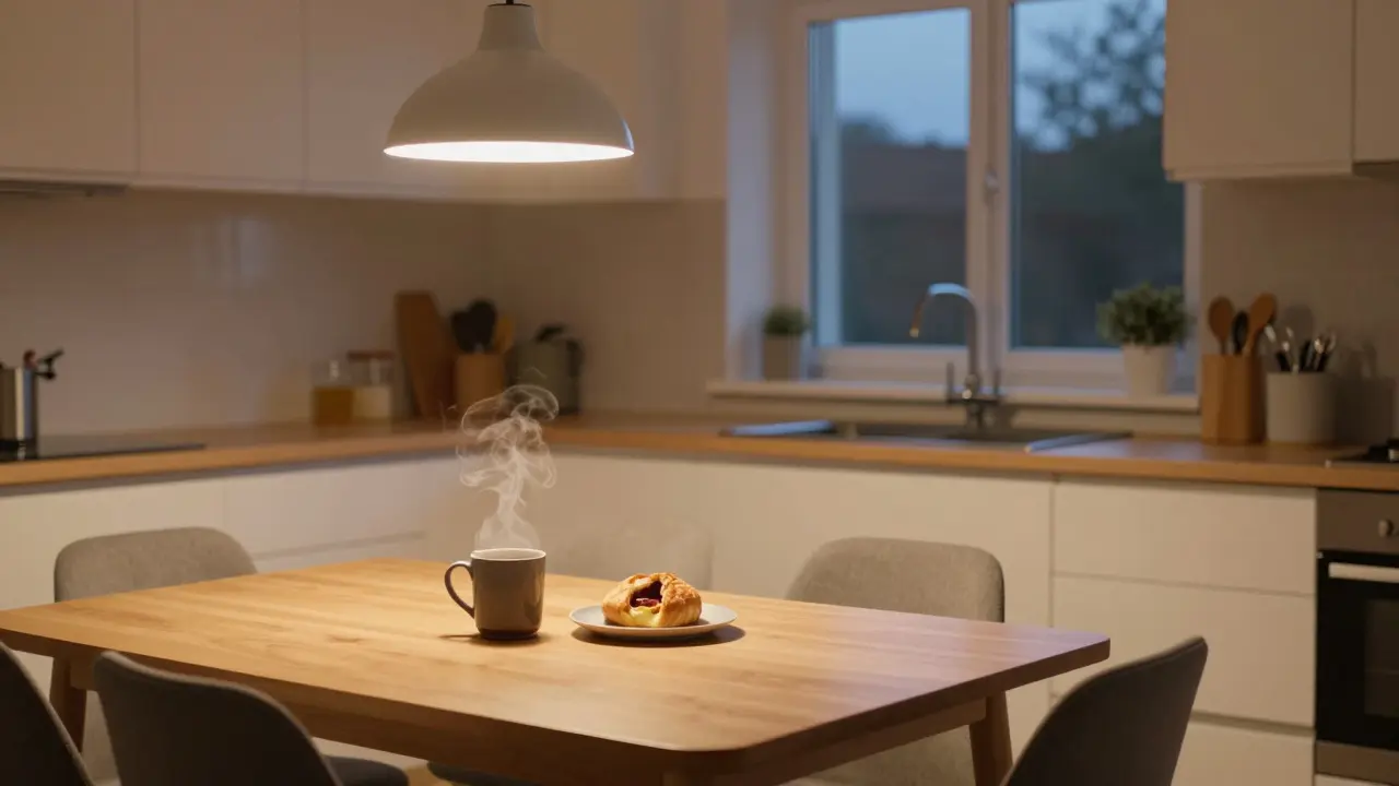 Teplé večerní osvětlení v kuchyni s kávou a pečivem, bez osobních předmětů, s dojmem domova.