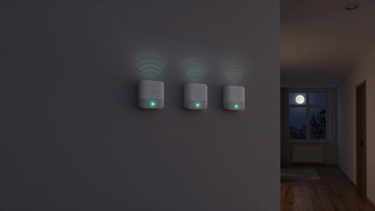 Tři chytrá čidla v chodbě domu tiše monitorují bezpečnost v noci.