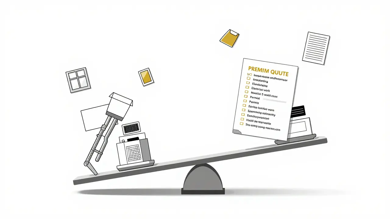 Váha porovnává levnou a drahou nabídku rekonstrukce s důrazem na kompletnost.