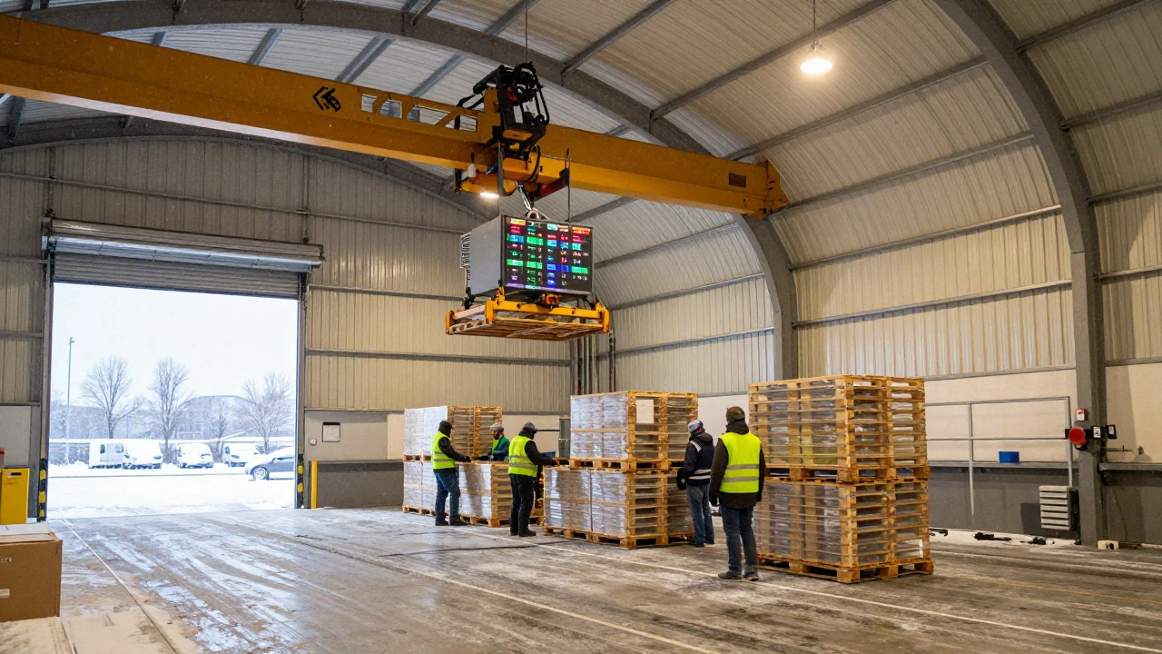 Winter scene inside a large industrial hall with workers and automated logistics.