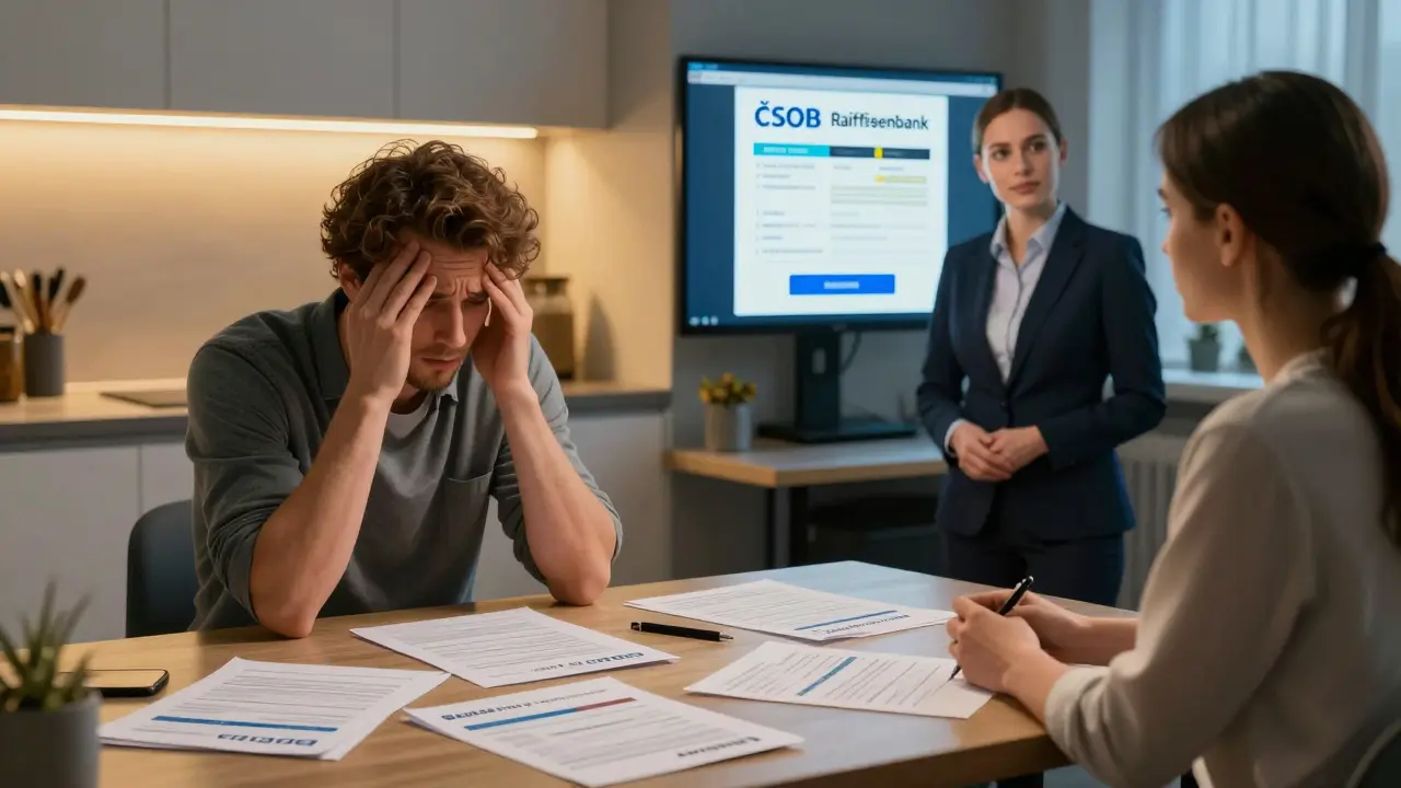 Contrast between a stressed homebuyer overwhelmed by paperwork and a calm client guided by a broker with digital loan offers.
