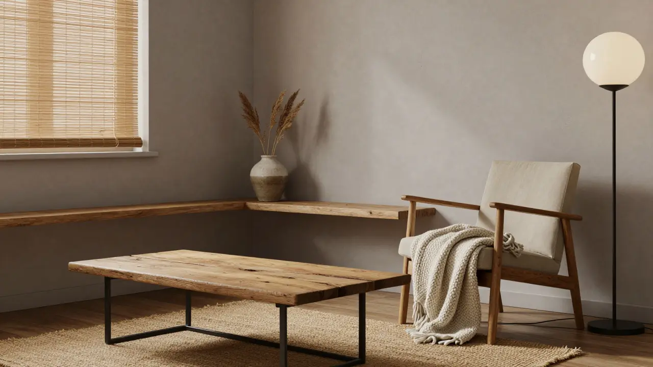 Dřevěný stůl s kovovými nohami a vlněná deka na šedavé stěně v malém bytě.