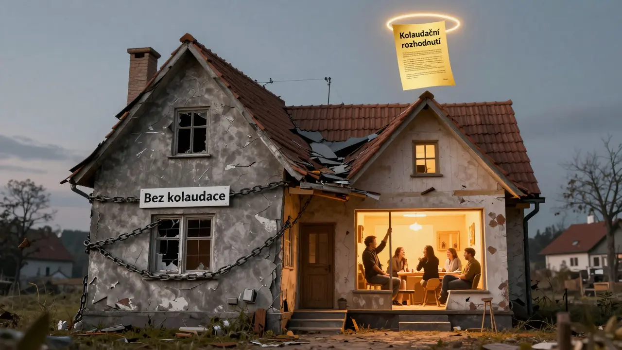 Dům rozdělený na nelegální a legální část s kolaudačním rozhodnutím jako zlatým značkou.