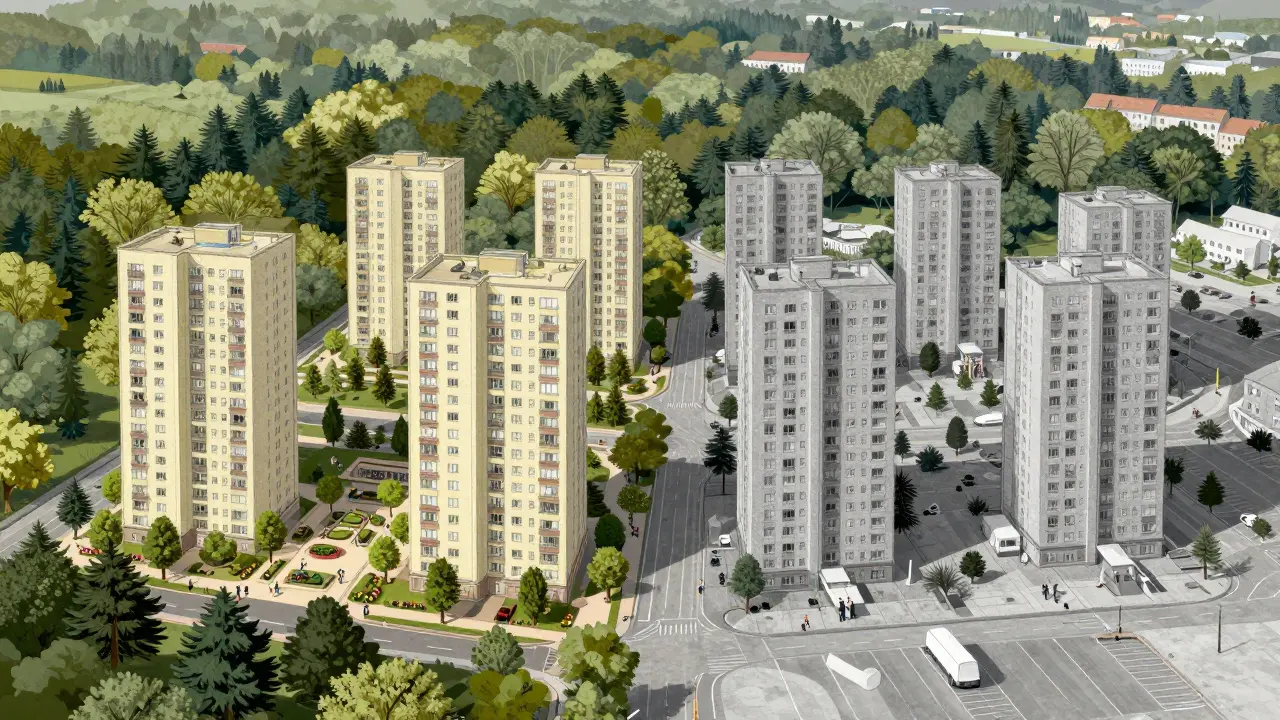 Dvě stejné bytové čtvrtě: jedna s lesním parkem, druhá s betonem — výrazný rozdíl v zeleni.